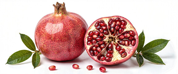 Juicy Red Pomegranate Fruit with Seeds and Leaves Healthy Food