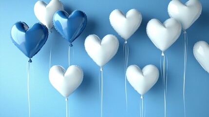 Heart-shaped blue and white balloons against a soft blue background