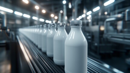 Automated dairy bottling line in modern factory with milk bottles