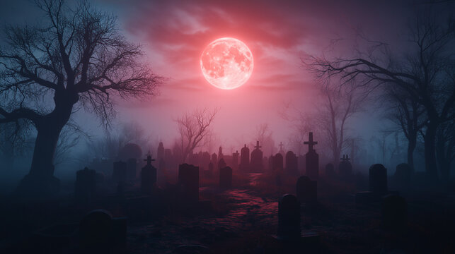 a cinematic photograph, A dark, gothic landscape under the eerie glow of a blood moon rising high in the night sky. The moon’s deep crimson hue casts an ominous red light over a desolate graveyard fil