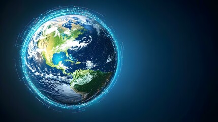 Fototapeta premium A detailed rendering of planet Earth, centered on North and Central America, is encircled by glowing blue streams of light, suggesting global connectivity and digital networks against a deep blue bac