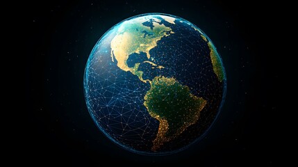 The image shows a digital rendering of planet Earth, predominantly showcasing North and South America.  A network of glowing lines connects numerous points across the continents, representing global
