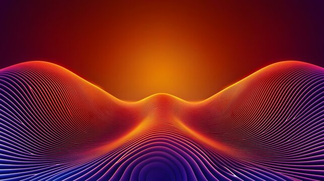 The image contains an abstract, three-dimensional rendering of undulating, parallel lines that create a wave-like pattern.  The colors transition smoothly from deep purple at the bottom to vibrant or