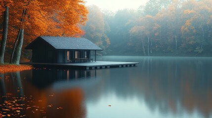 Fototapeta premium Serene Autumn Lake House: A Misty Morning Reflection