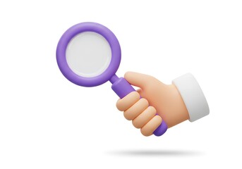 3D Hand Holding Purple Magnifying Glass