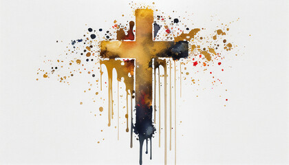 A gold and green painted cross with specs of color around it. Religious art. Dramatic Christian art.