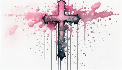 A pink and gray painted cross with specs of color around it. Religious art. Dramatic Christian art.