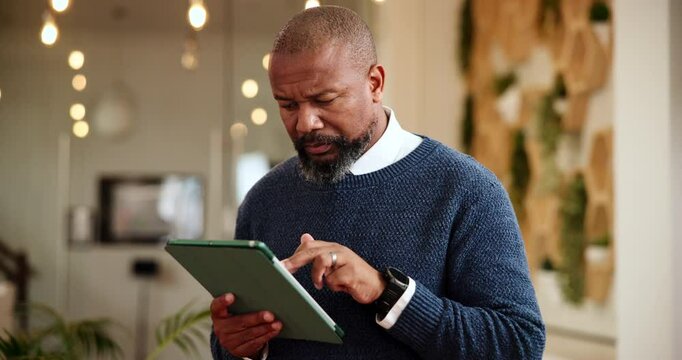 Office, black man and thinking with tablet for problem solving, software error and developer for planning. Review, mature person and web designer with research for ux solution, seo tools and business