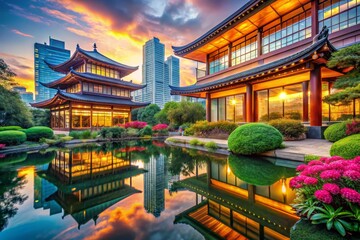 Obraz premium Serene Asian Architecture and Modern Skyline