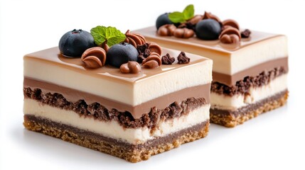 Two delicious chocolate and vanilla layered mousse cakes garnished with blueberries and chocolate chips are beautifully presented on a white