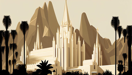 An illustration of mormon temple in white and brown and beige tones. 