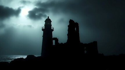 Obraz premium Moonlit Lighthouse and Ruined Castle on Coast