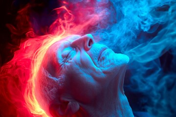 Senior disabilities. Elderly decline. Fragile old woman. Sleep apnea - complication in old age: abstract image of well-being. Metaphorical sleep apnea physical senses, of a growing old.