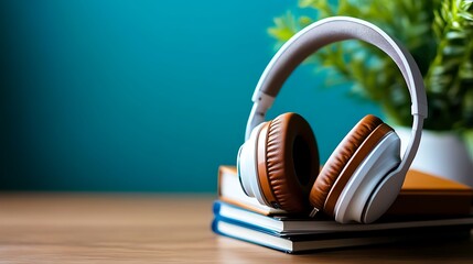 Cozy Audiobook Headphones on Books with Teal Background.