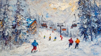 Vibrant winter ski scene with skiers and snow-covered trees in oil painting