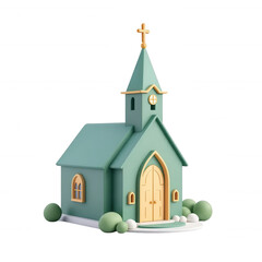 3d Green Miniature Church with Gold Accents and Spherical Bushes, isolated on transparent background.