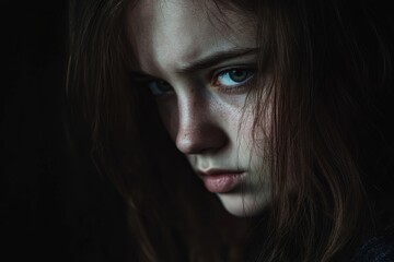 Fototapeta premium Intense young caucasian female with brown hair and blue eyes in dark lighting