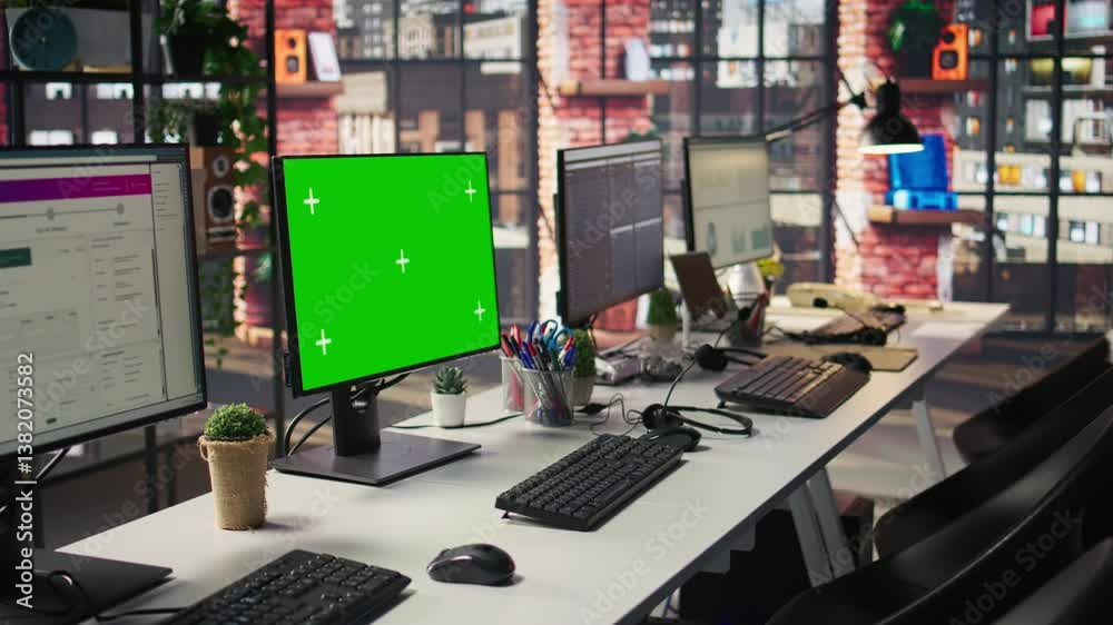Poster green screen mockup computer in office next to displays showing data analytics dashboards. chroma ke