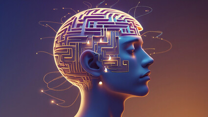 Labyrinth-Shaped Mind – Symbolizing Overthinking, Confusion, and Complex Thoughts within a Human Head