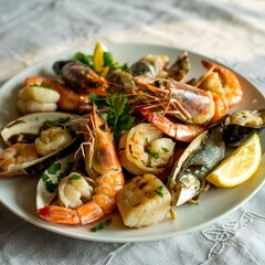 A colorful platter displaying a variety of fresh seafood and oysters arranged on a table, Aerial view of a lavish seafood platter, AI Generated 