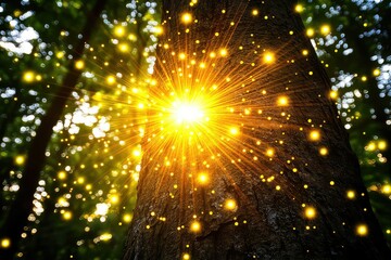Bright light shining on tree trunk in forest