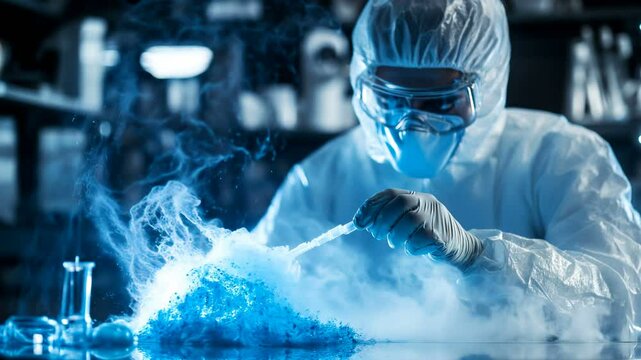 A detailed scientific experiment showcasing blue smoke along with various types of laboratory equipment used
