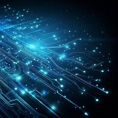 Fototapeta premium futuristic digital background featuring glowing blue circuitry lines and connected dots on a dark blue gradient backdrop. The circuit lines extend diagonally with a neon effect.