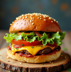 Burger on wooden platter