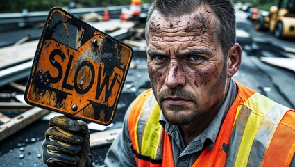 Road worker holding a "SLOW" sign, signaling caution in a construction zone. Safety and traffic management are crucial.