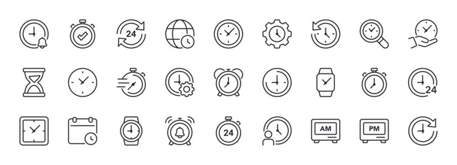 Time and Clock Line Icons Set. Calendar, Timer, Stopwatch. Editable Stroke.