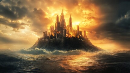 Stormy seas surround a golden city island under a dramatic sky