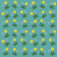 A seamless floral pattern featuring vibrant yellow dandelion flowers alongside delicate white dandelion seed heads, arranged in a natural, repeating layout on a soothing green background.