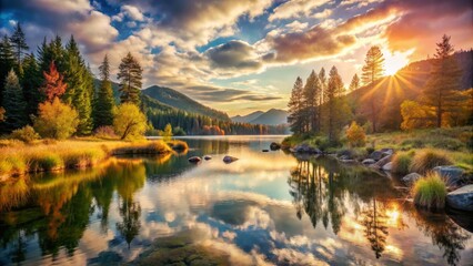 Fototapeta premium Serene Lake Reflection at Sunset