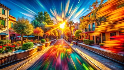 Obraz premium Vibrant City Street with Sunburst Effect