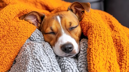 An adorable puppy dog peacefully sleeps led in a cozy orange and grey blanket enjoying a warm and comfortable nap feeling safe and loved.