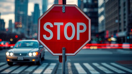 A bright red stop sign stands out in an urban setting with passing cars and city buildings.