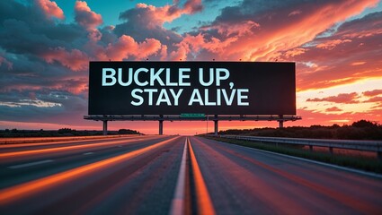 Dramatic sunset scene features a billboard with a safety message above a long, open road.
