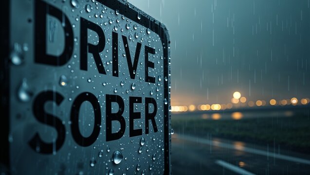 A drive sober road sign with raindrops on a rainy night, emphasizing safe driving.