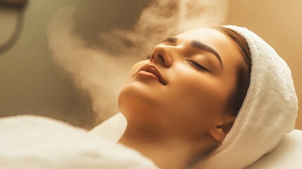 Fototapeta premium Relaxation Spa Therapy: Facial Steam Treatment with Wrapped Towel and Misty Background