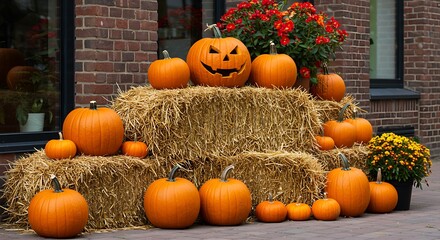 Autumn Harvest Glow Hay Bale Pumpkin Paradise Smiling Jack O Lantern Display Golden Hour Pumpkin Patch Brick Wall Pumpkin Abundance AI Generated