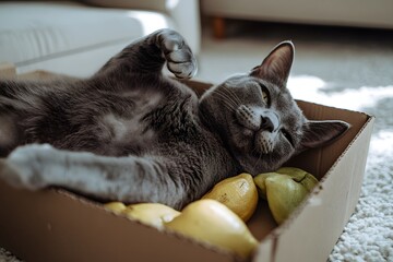 Gray cat lying in cardboard box with lemons indoors relaxed and happy.