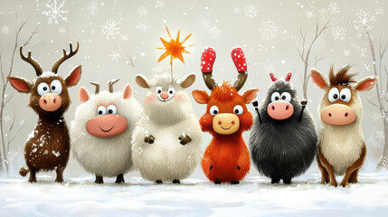 Obraz premium Cute cartoon animals in winter attire, celebrating snowy season with joy