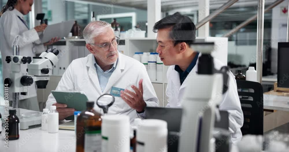 Aufkleber healthcare, scientist and colleagues with tablet, teamwork and people with medical research for trea