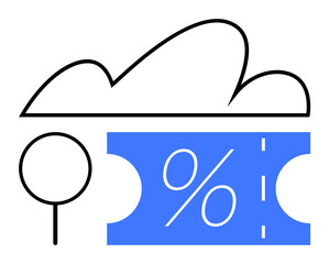 Cloud element above blue coupon with percentage mark illustrates savings, promotions, sales, digital offers, and customer rewards. Ideal for e-commerce, digital storage, marketing, cloud services