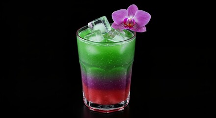 Colorful layered cocktail with ice and orchid on black background