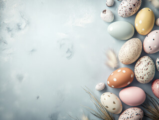 Elegantly painted easter eggs for design poster background against a light blue background. Copyspace provided for text editing