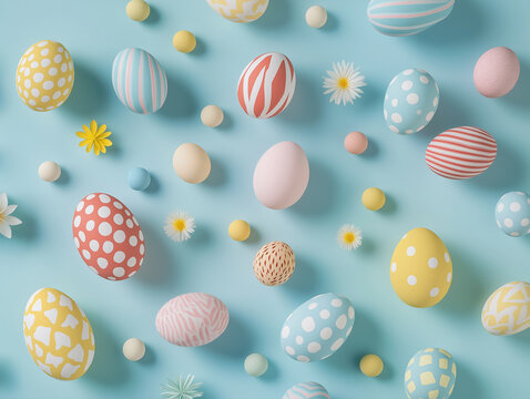 Lay flat design on colourful pastel color painted easter eggs on a pastel blue background. For easter design and poster