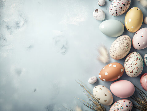 Elegantly painted easter eggs for design poster background against a light blue background. Copyspace provided for text editing