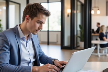 Fototapeta premium Young Caucasian Male in Business Attire Focused on Laptop While Working in Modern Office Environment