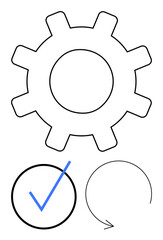 Gear symbolizes process, checkmark conveys approval, circular arrow denotes cycle. Ideal for workflow, teamwork, efficiency, productivity, management, system design flat simple metaphor